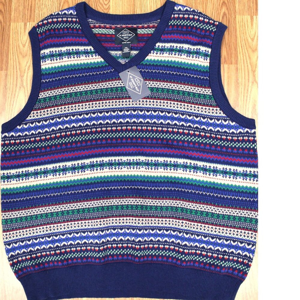 NEW! ST. JOHNS BAY COTTON KNIT SKI SWEATER VEST BLUE, GREEN & RED 2X-LARGE, XXL